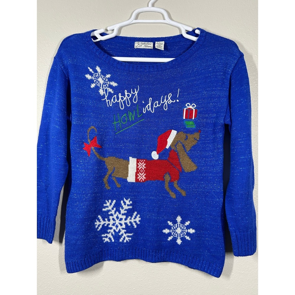 Isabella's Closet Blue Happy Howlidays Dachshund Sparkle Sweater Large